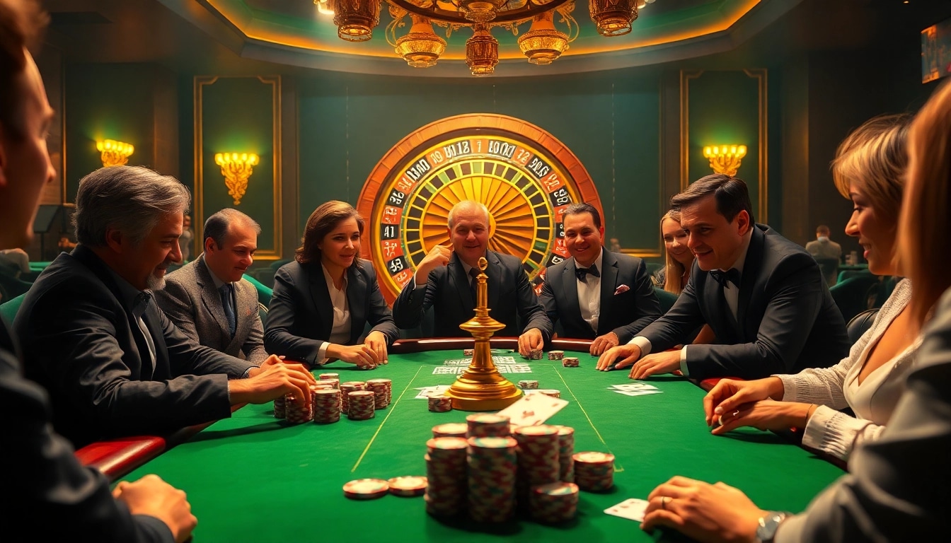 Poker players enjoy a high-stakes game at an elegant casino table, celebrating wins at 555win1.it.com.