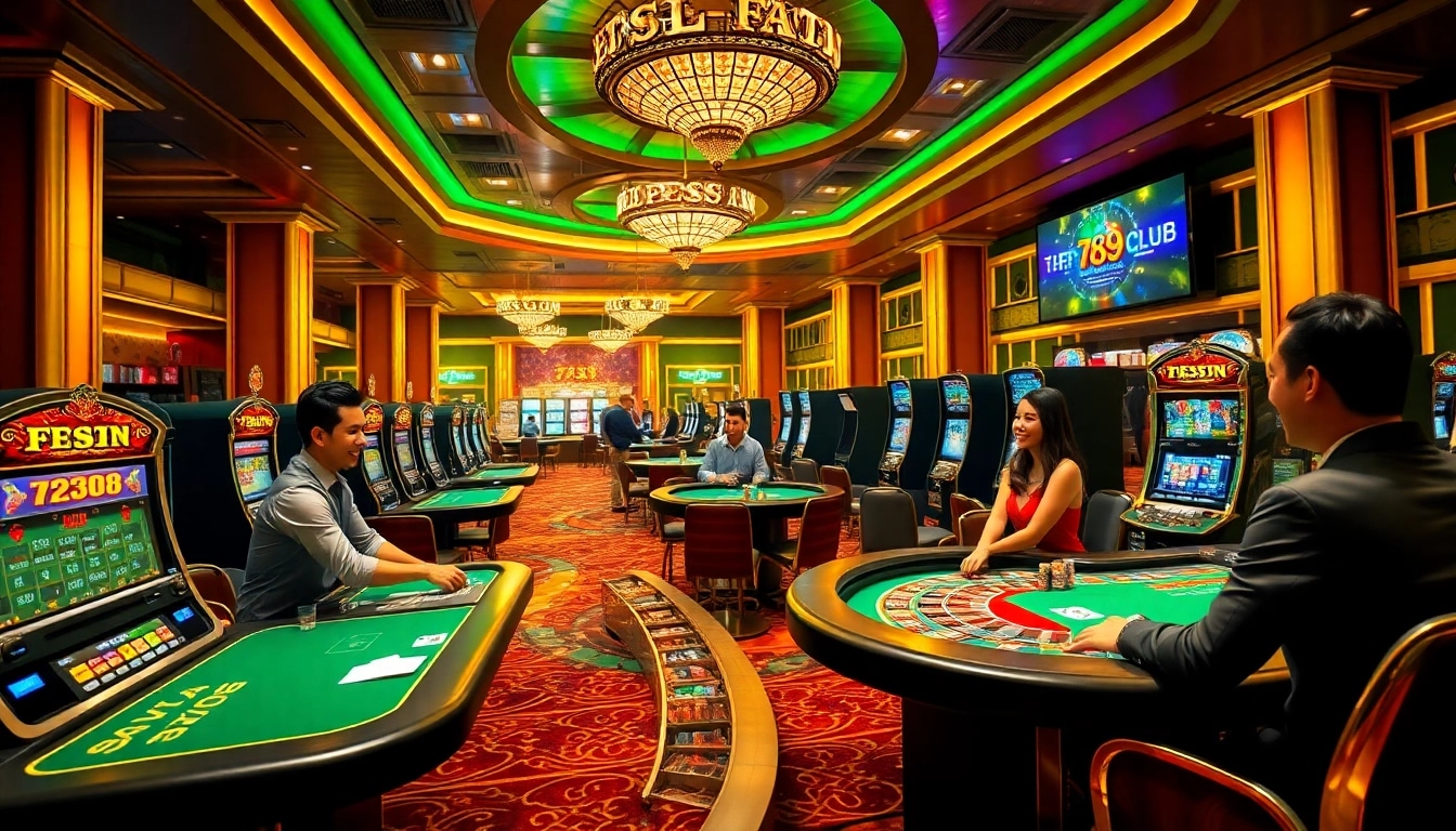 Players enjoying thrilling games at 789 club casino with vibrant slot machines and poker tables.
