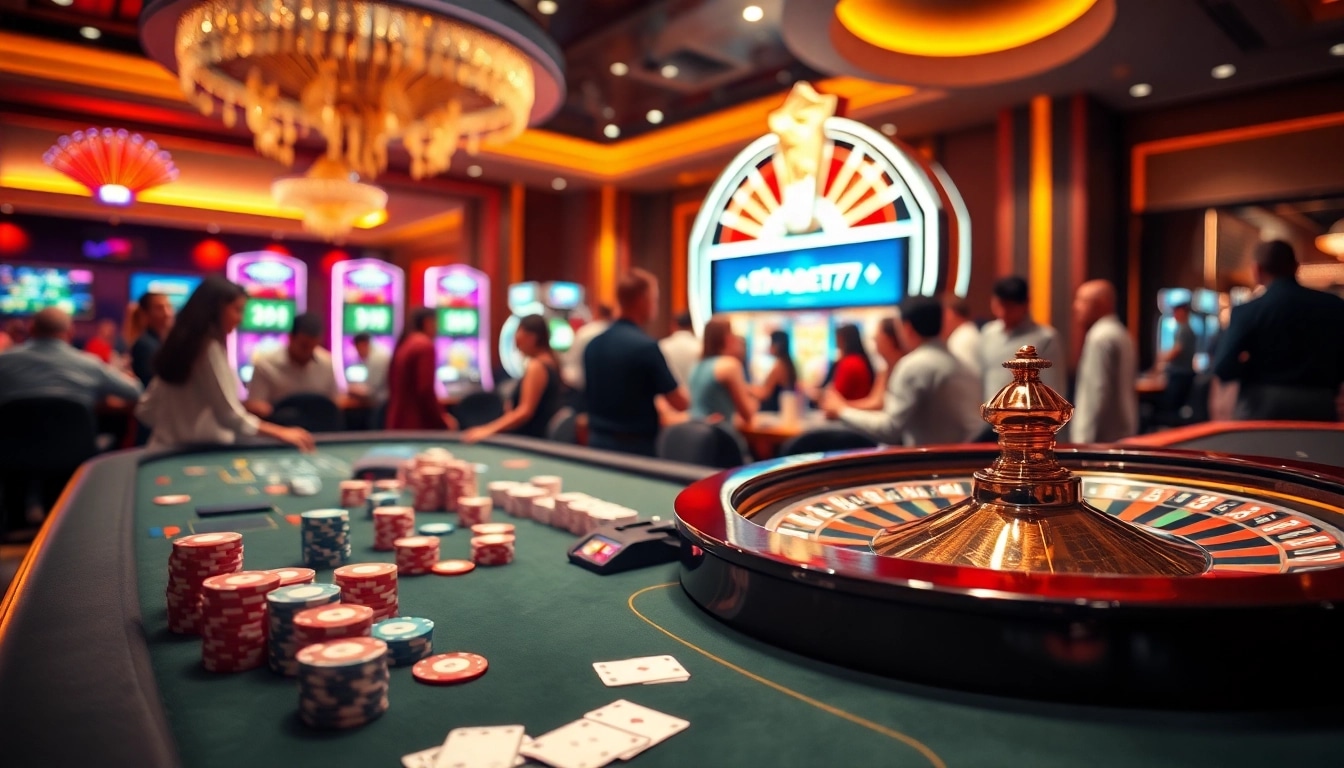 Experience thrilling gaming at thabet77 with vibrant casino tables and players enjoying the game.