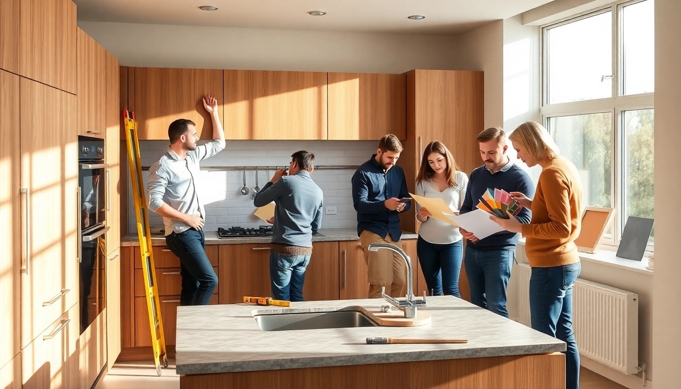 Skilled kitchen fitters expertly installing custom cabinetry and fixtures in a modern kitchen.