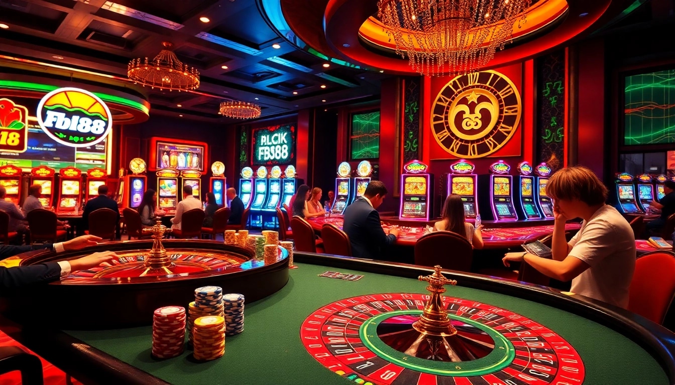 Players enjoying live games at Fb88 casino with vibrant roulette and poker action.
