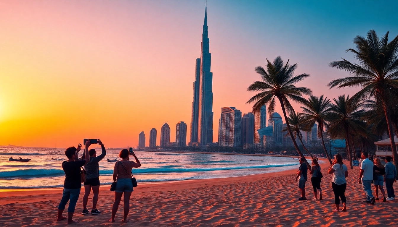 Experience the vibrant sunset skyline of Dubai, showcasing iconic buildings and inviting travelers to explore.
