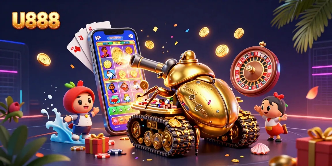 Experience thrilling gameplay at U888 with a vibrant miniature casino scene featuring a golden beetle tank.