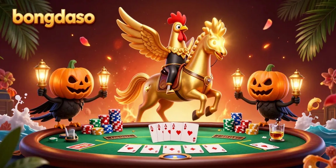 Bets and excitement in Bongdaso's vibrant casino scene with a golden rooster and poker action.