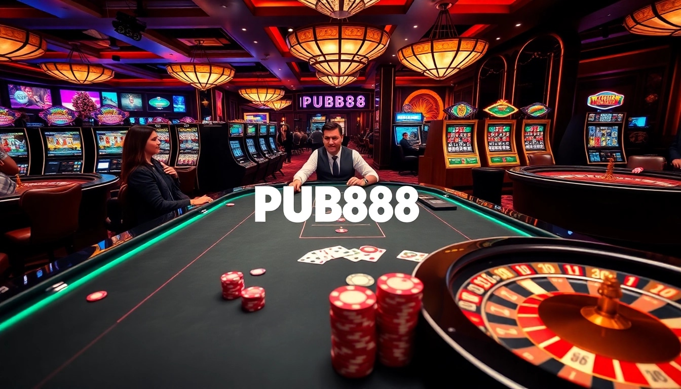 Exciting PUB88 casino scene with poker table, slot machines, and professional dealers.