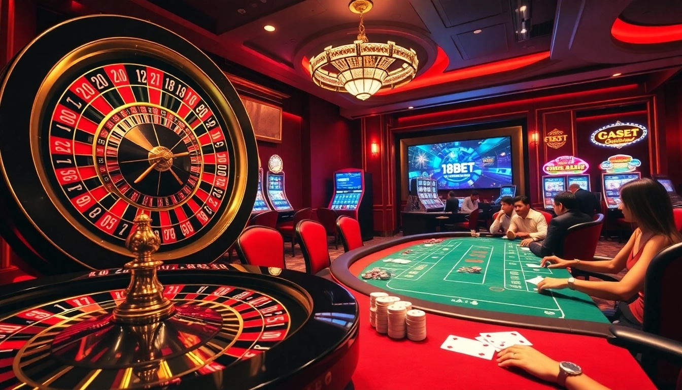 Experience the thrill of 188bet at a glamorous casino with poker games and vibrant slot machines.