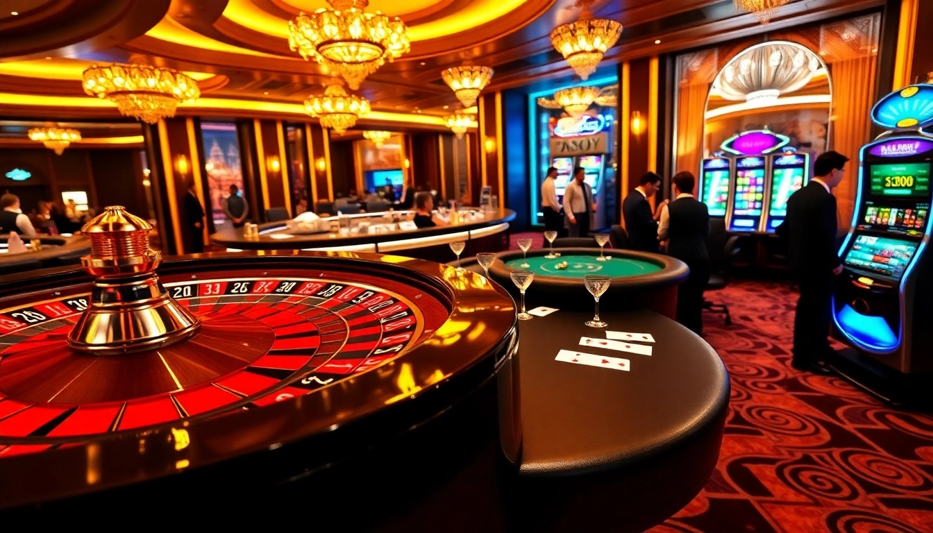 Exciting casino scene showcasing roulette, poker, and slots at https://tg88-casino.com/ with vibrant lights and elegant ambiance.