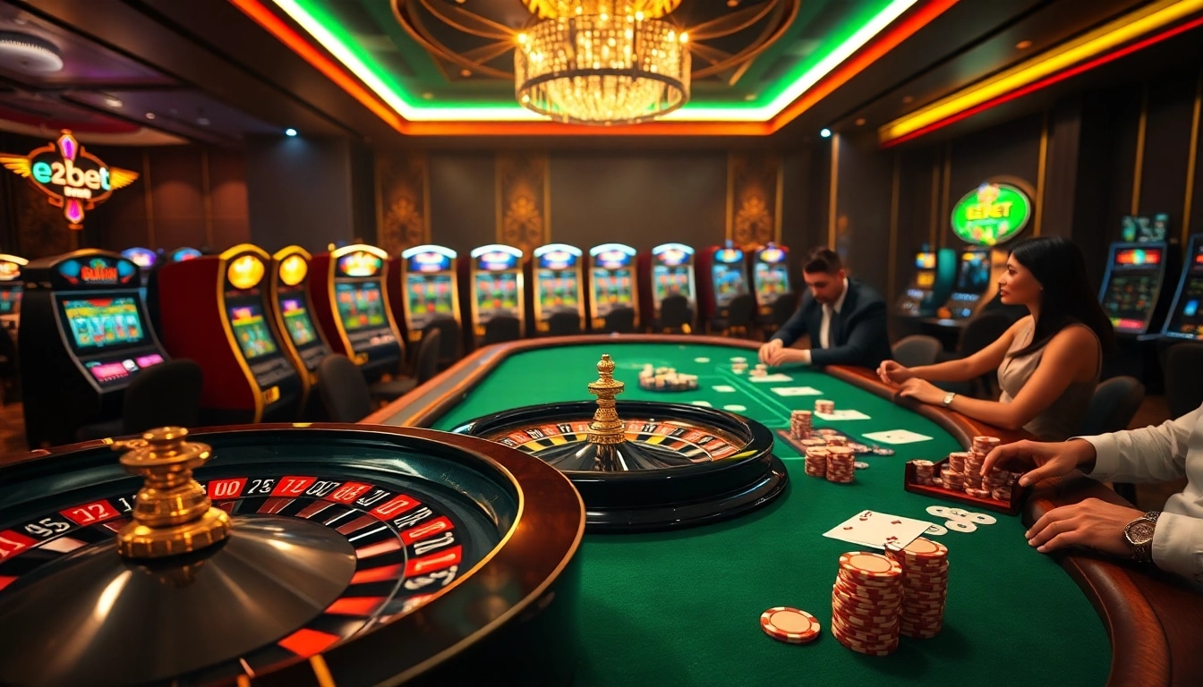 Engaged players enjoying a thrilling casino experience at e2bet with roulette and poker tables.