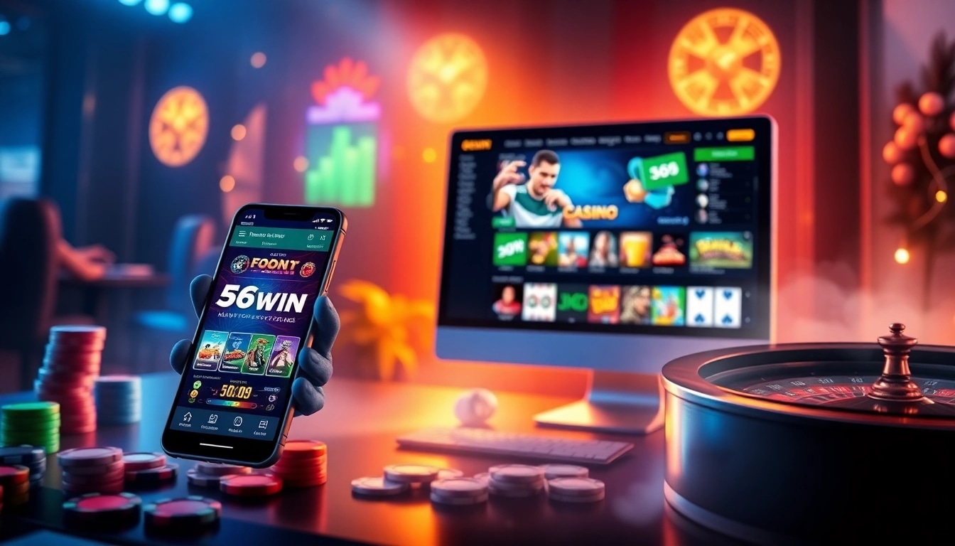 Exciting online gambling scene featuring 56WIN branding, showcasing casino games and sports betting.