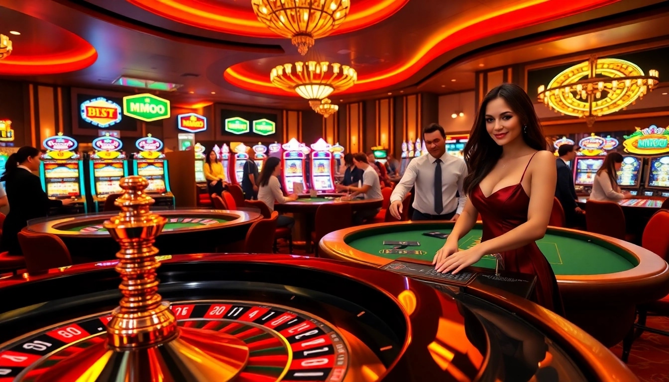 Experience the excitement of MMOO in a luxurious casino setting with poker tables and vibrant slots.