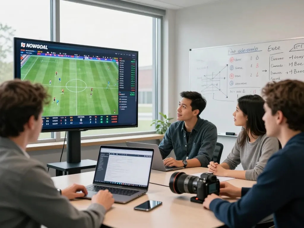 Live NOWGOAL football scores displayed by analysts in a modern studio.