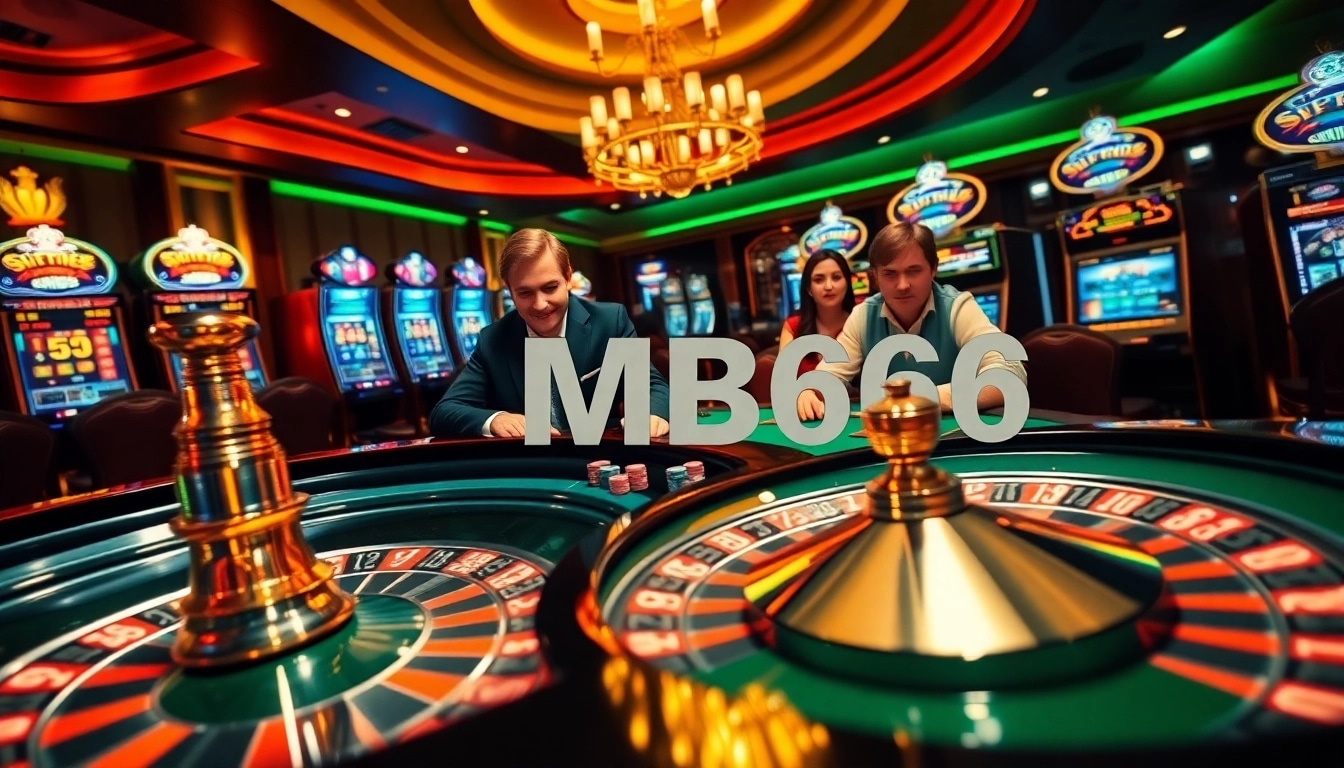 Experience the thrill of MB66 casino with vibrant roulette and focused poker players.