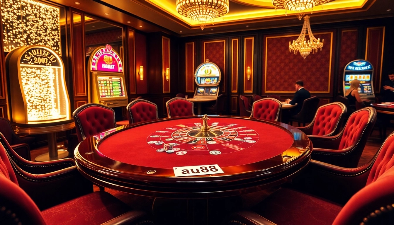 Experience high-stakes action at au88 casino with vibrant poker tables and lavish slot machines.