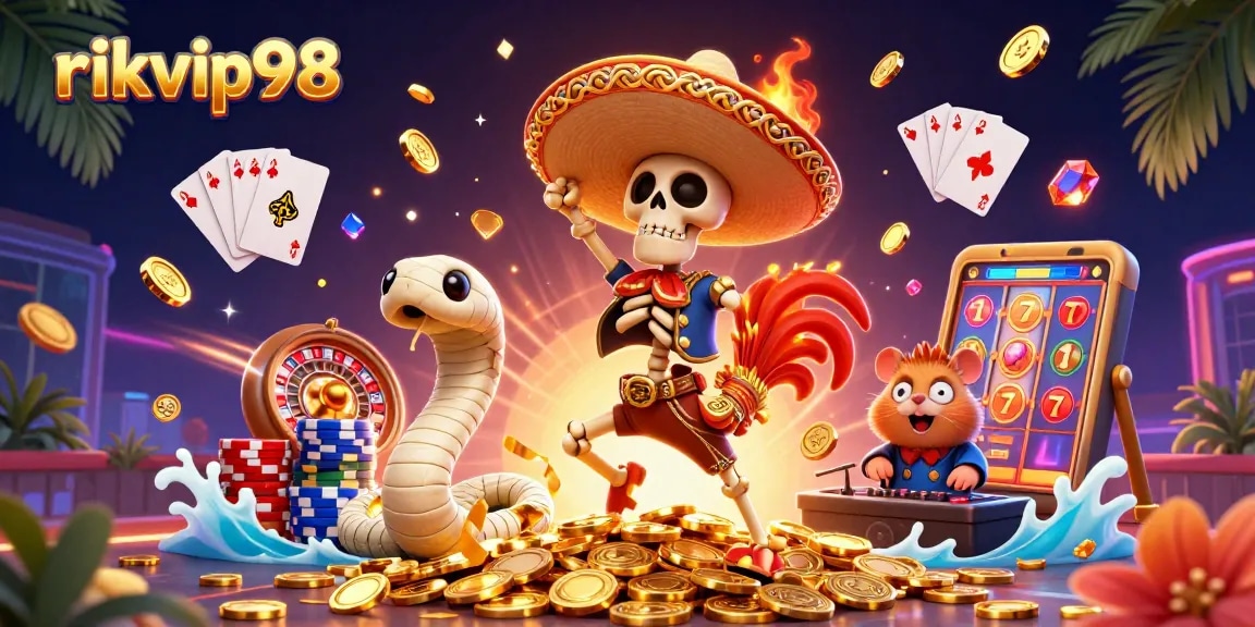 Engage with slots at rikvip98: dynamic victory dance amidst golden coins and casino elements.