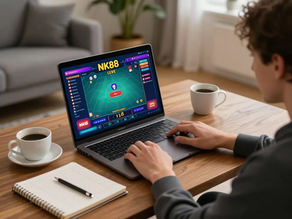 Engaging with NK88's live dealer game at a cozy home gaming setup, showcasing strategy and comfort