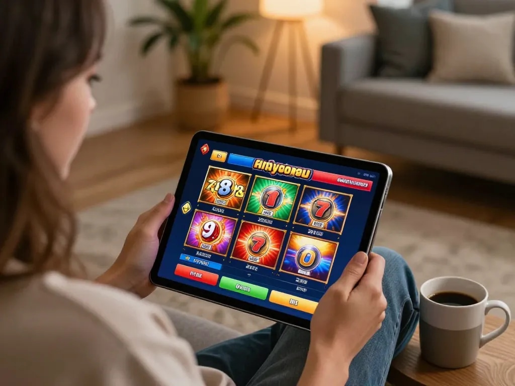 Engaging online gaming moment at 789p with vibrant slot interface on a tablet