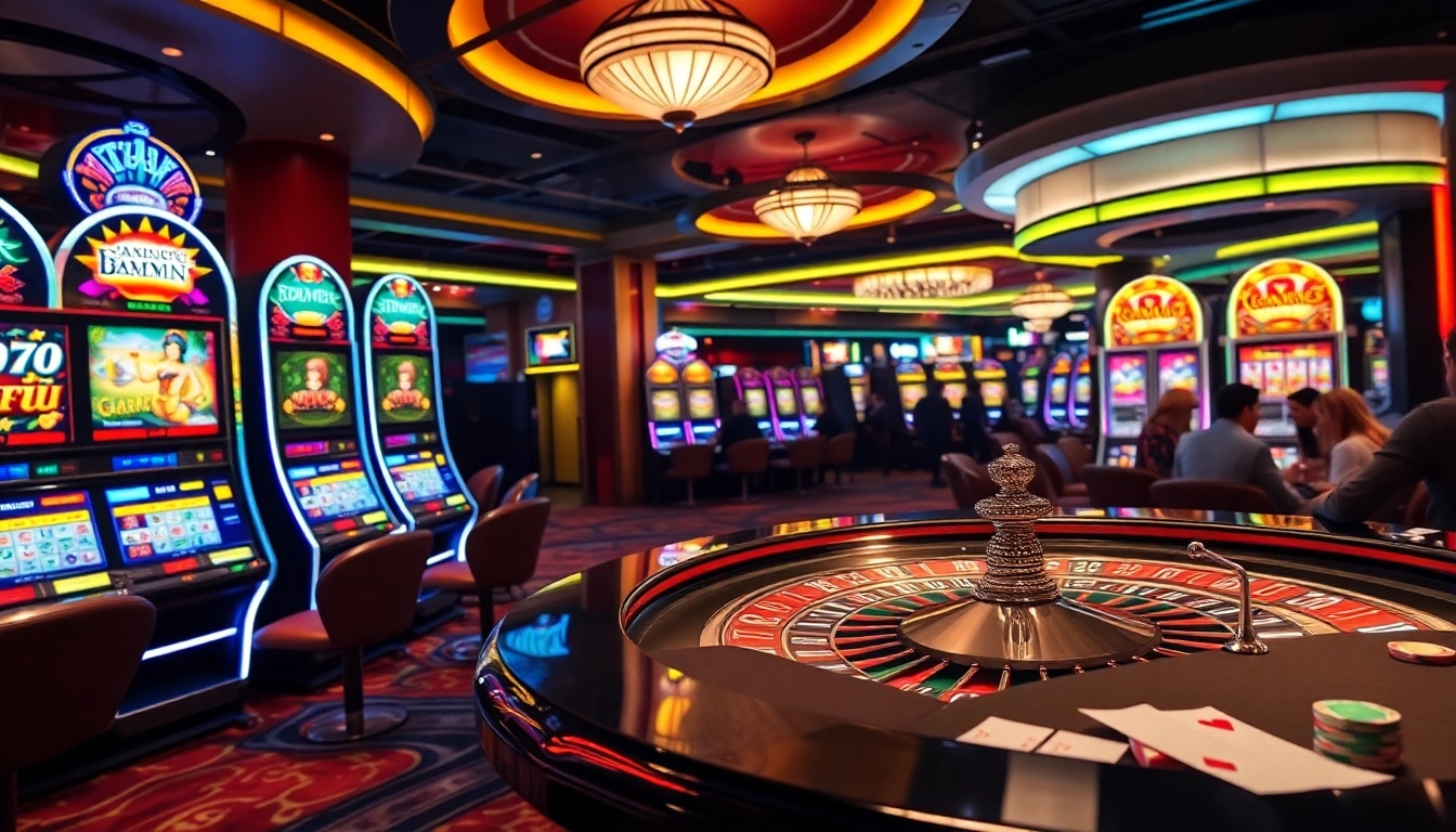 Nổ Hũ slot machines and casino tables capture the excitement of online gambling.