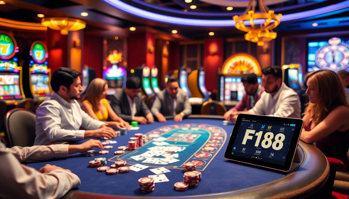 F168 players engaging in an exciting casino game with vibrant poker chips and illuminated slots.