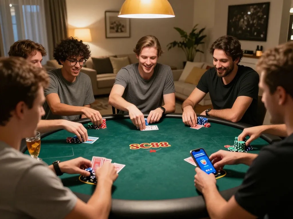 Friends enjoying a poker night using the SC88 app for online casino gaming.