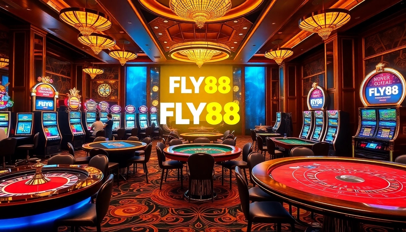 Players enjoying vibrant casino games at FLY88, featuring colorful tables and bright lights.