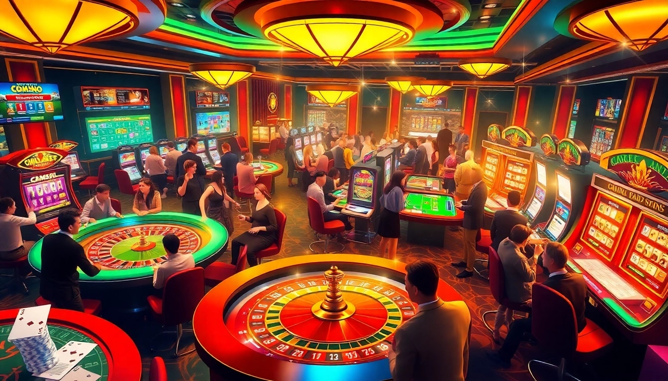 A vibrant casino scene featuring players engaged in exciting games at https://top10nhacai.gg/, highlighting poker, slot machines, and vibrant betting interfaces.