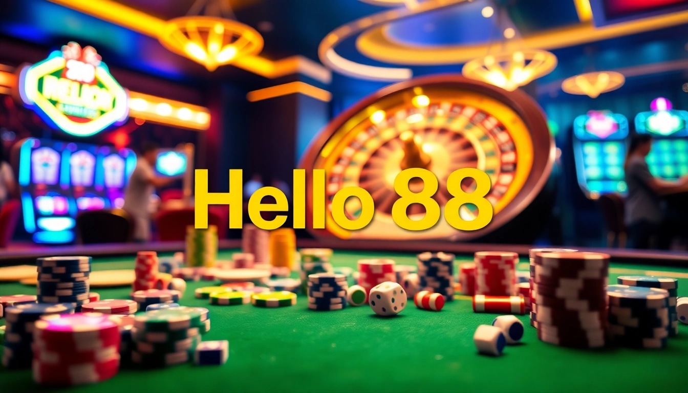 Hello88 casino scene with poker chips, dice, and a luxurious roulette wheel highlighting vibrant gaming action.