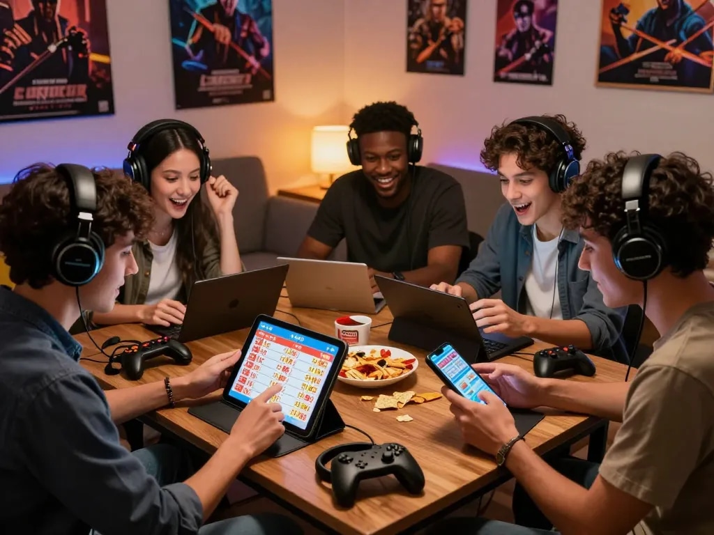 Group of friends enjoying lô đề online gaming with excitement in a cozy setting.