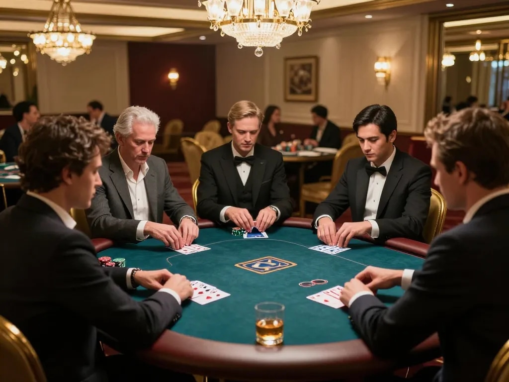 8kbet poker showdown in a luxurious VIP room, with players focused on high-stakes gameplay.