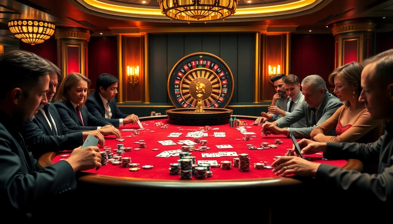 Players enjoying a thrilling poker game at uu88.com, surrounded by colorful chips and cards.