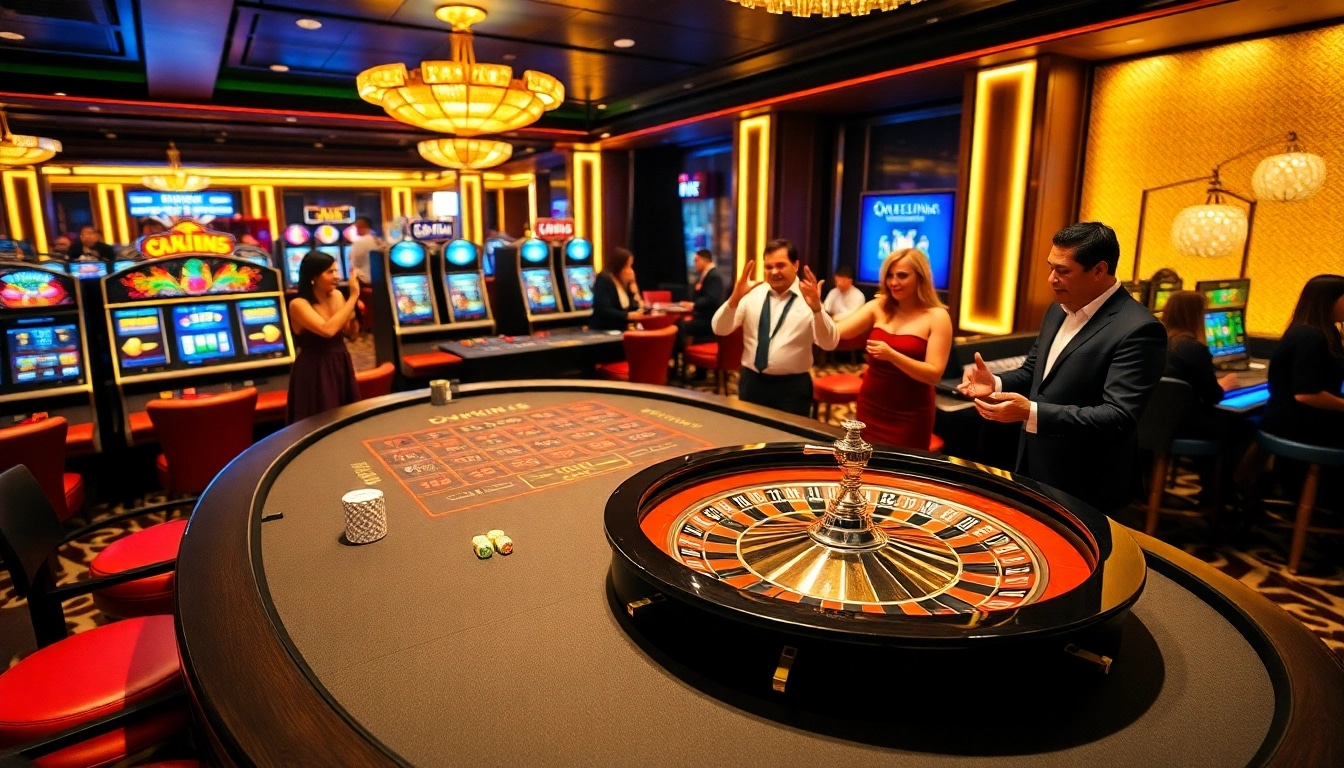 Exciting casino atmosphere featuring okking-themed roulette with vibrant chips and players.