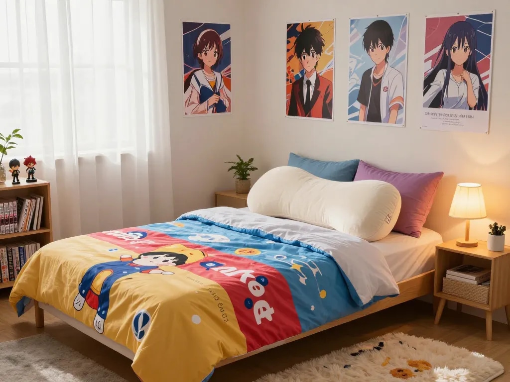 Cozy bedroom with custom dakimakura body pillow and anime decor.