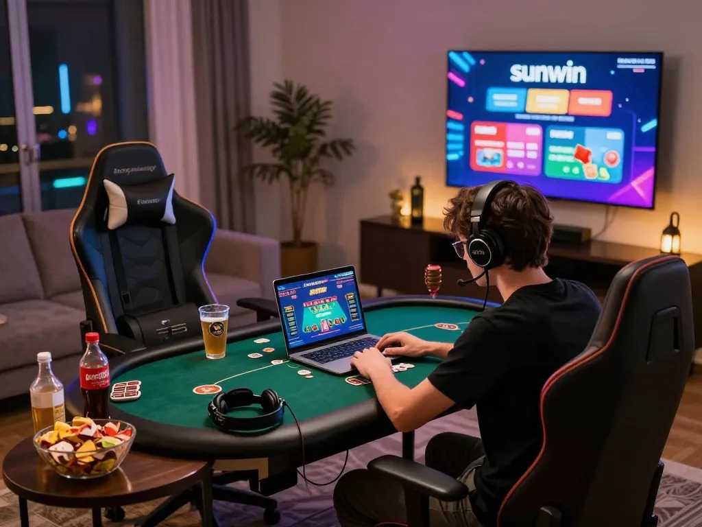 Engaging Sunwin online gaming experience in a modern living room with a player and vibrant accessories.