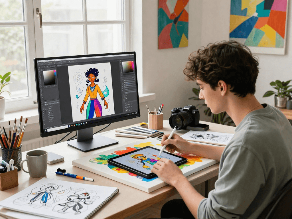 A digital artist illustrating AI-inspired concepts in a vibrant studio, showcasing the blend of creativity and technology in the realm of ai nsfw art.
