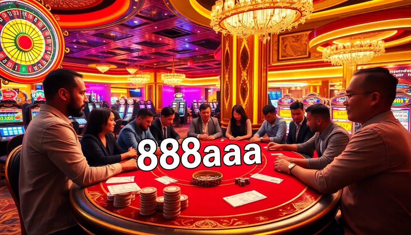Engaging poker players at a luxurious casino table featuring 88aa betting slips, vibrant atmosphere.