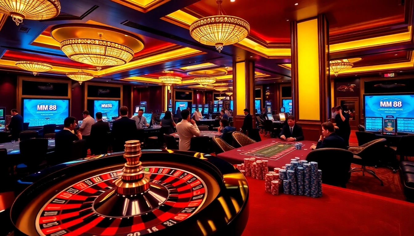 Players enjoy a thrilling game of roulette at MM 88’s luxurious casino, surrounded by high-stakes action.