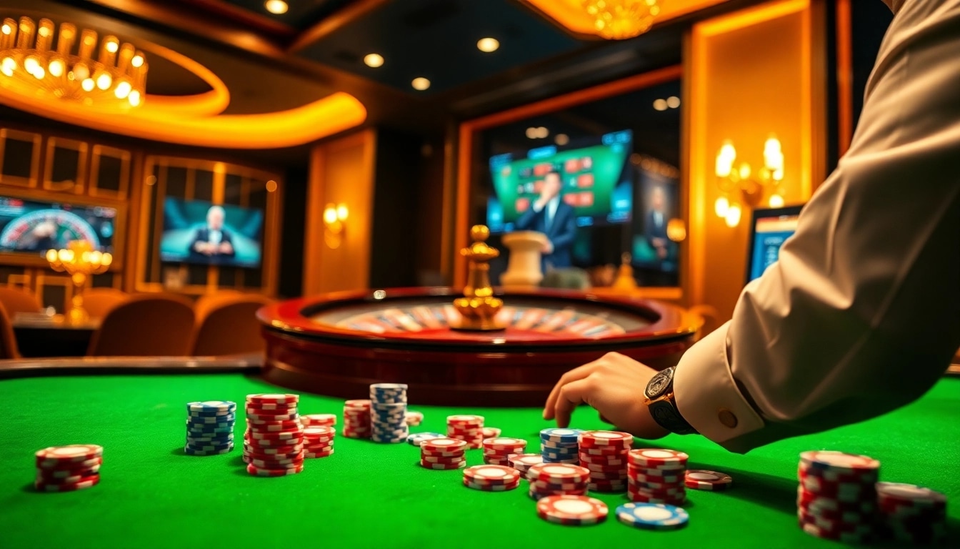 Place your bets at KJC's exclusive online casino with vibrant gaming elements and luxury ambiance.