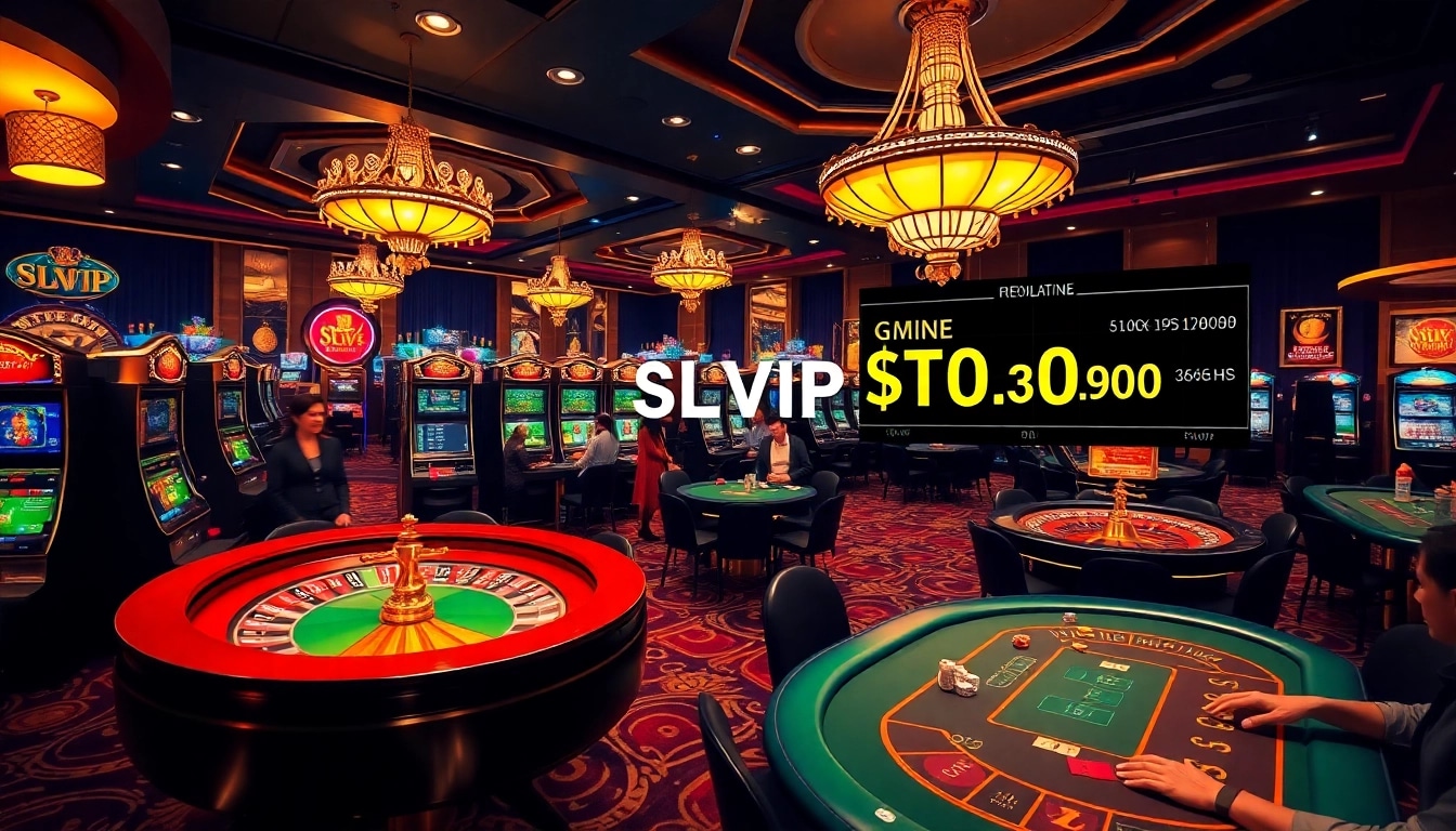Engaging scene of SLVIP online gambling with casino tables and slot machines.