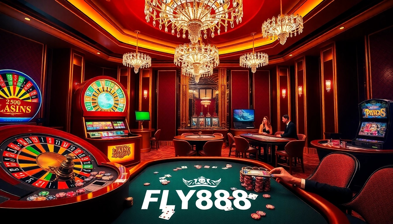 FLY888 players engaging in fortune at a luxurious casino with roulette and poker tables.