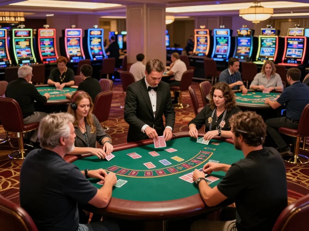 Players engaging at blackjack tables, showcasing excitement on nhacaiuytinn casino floor