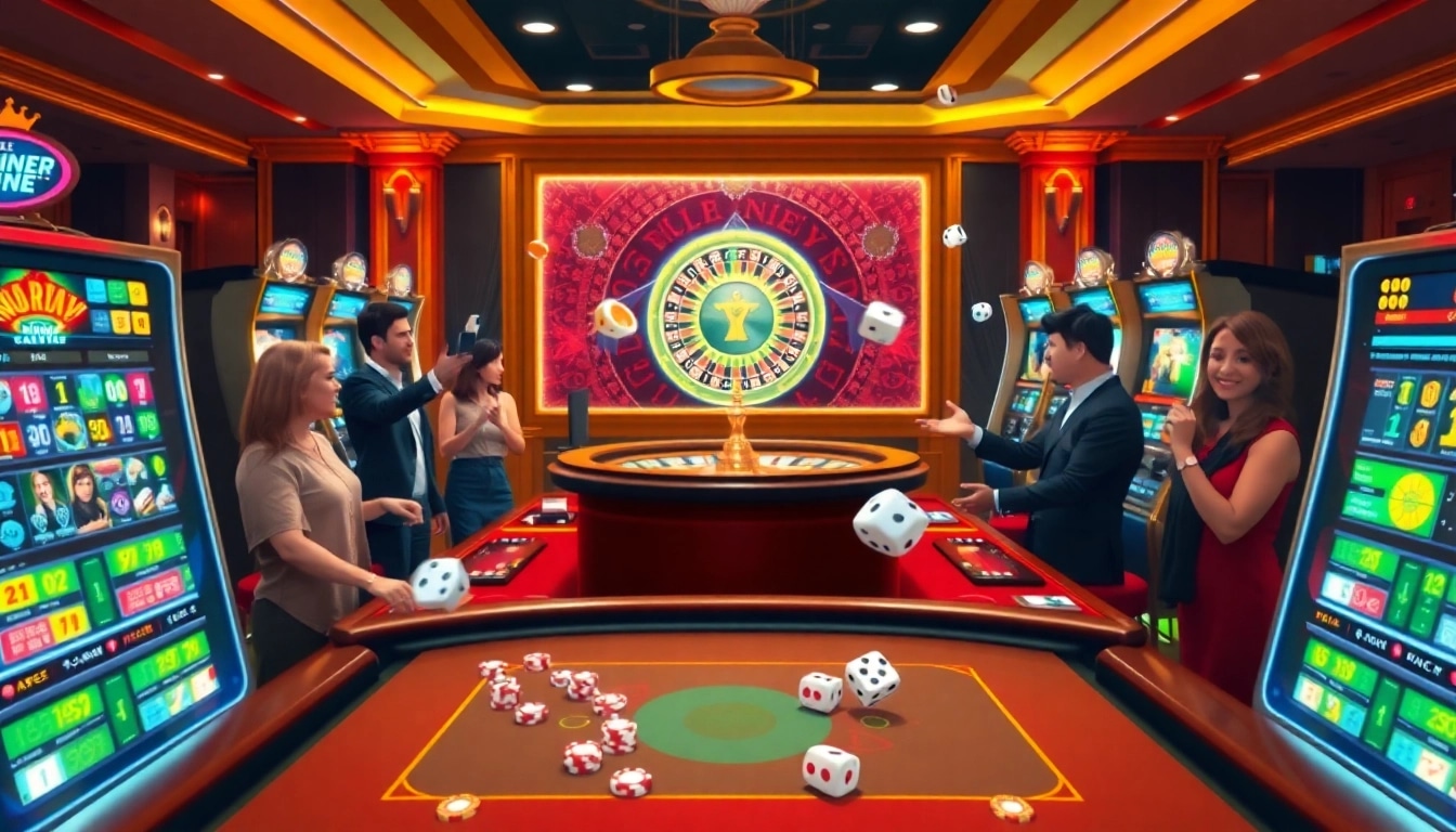 Experience excitement at an OKFUN casino table with vibrant poker chips and flashing slot machines.