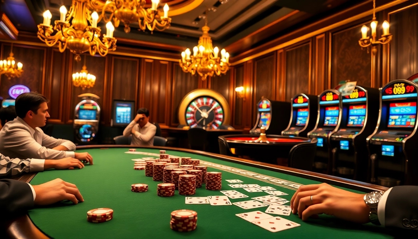 Engaged players at a PS 99-themed poker table in a luxurious casino setting.