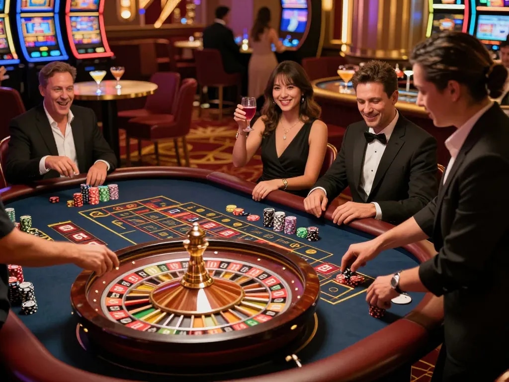 Players engaging at the MM88 roulette table, watching the croupier spin the wheel in an upscale casino.