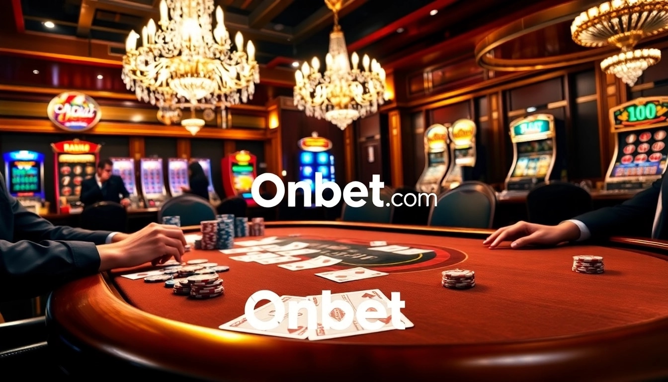 A poker table with vibrant chips and cards at Onbet com's luxurious casino, promoting online gaming.