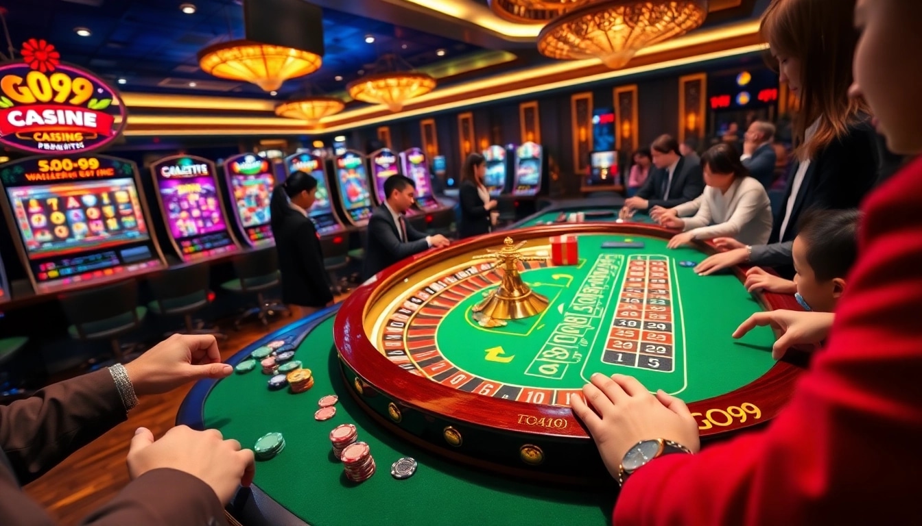 Players enjoying a thrilling game at Go99's vibrant casino table, capturing the excitement of online gambling.