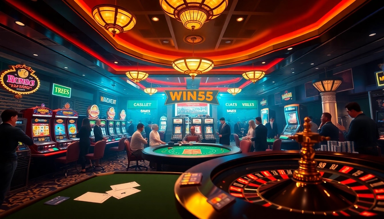 Players strategizing and betting at a luxurious Win55 casino scene with poker and slot machines.