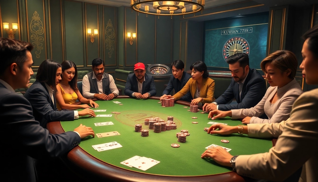 Kuwin 789 poker table scene with players, chips, and roulette wheel offering thrilling gambling experience.