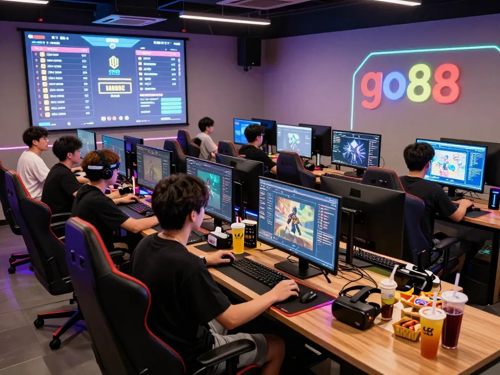 Exciting gaming lounge scene with players engaged in go88 multiplayer games.