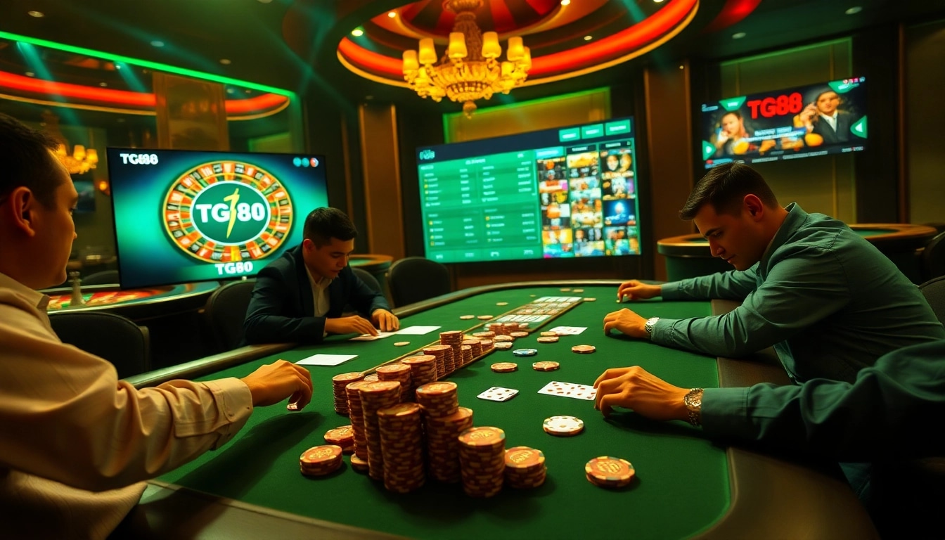 Intense poker game at a casino with TG88 online interface showcasing betting options.