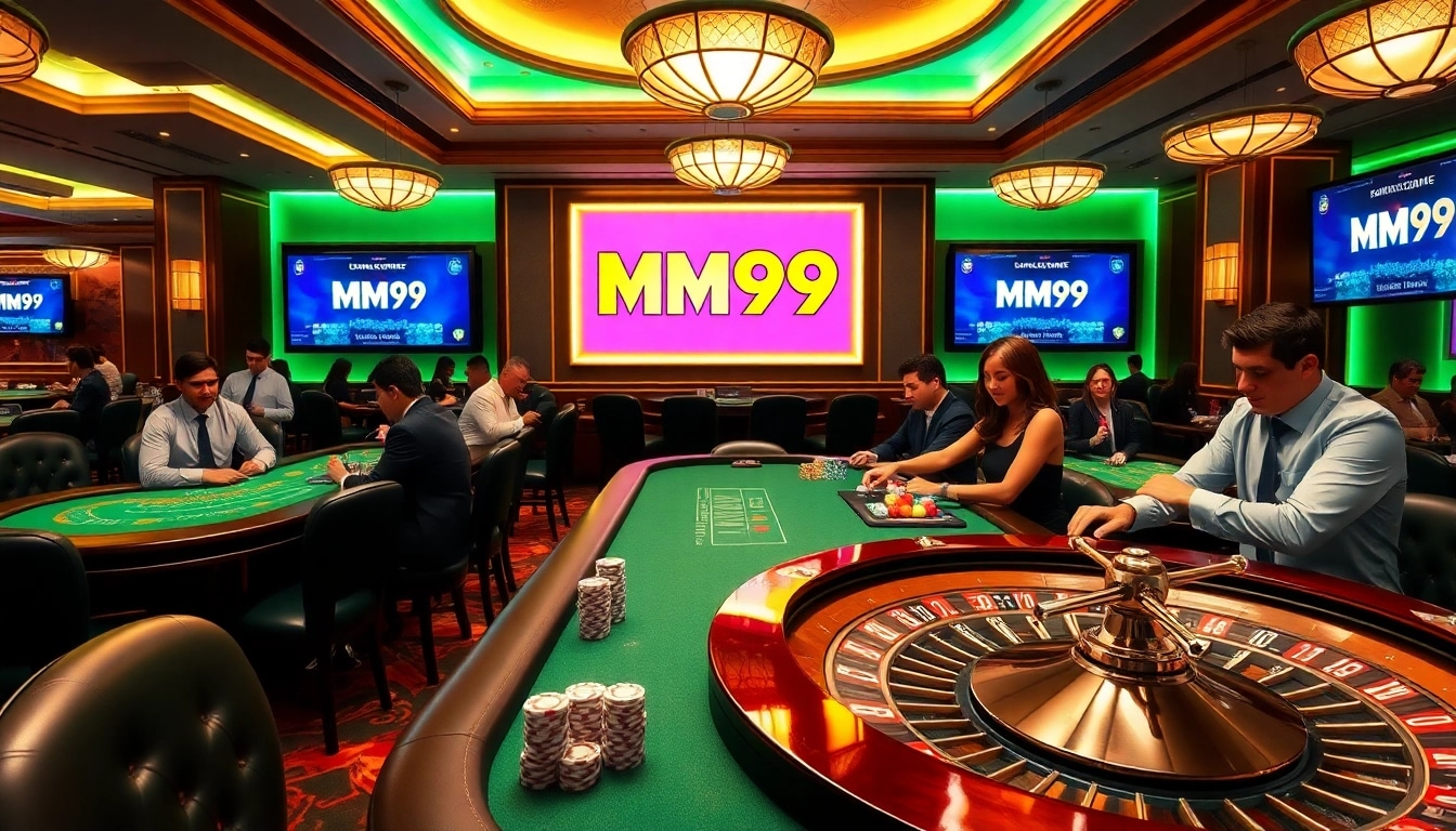 Experience excitement with MM99 as players enjoy poker and roulette in a luxurious casino setting.