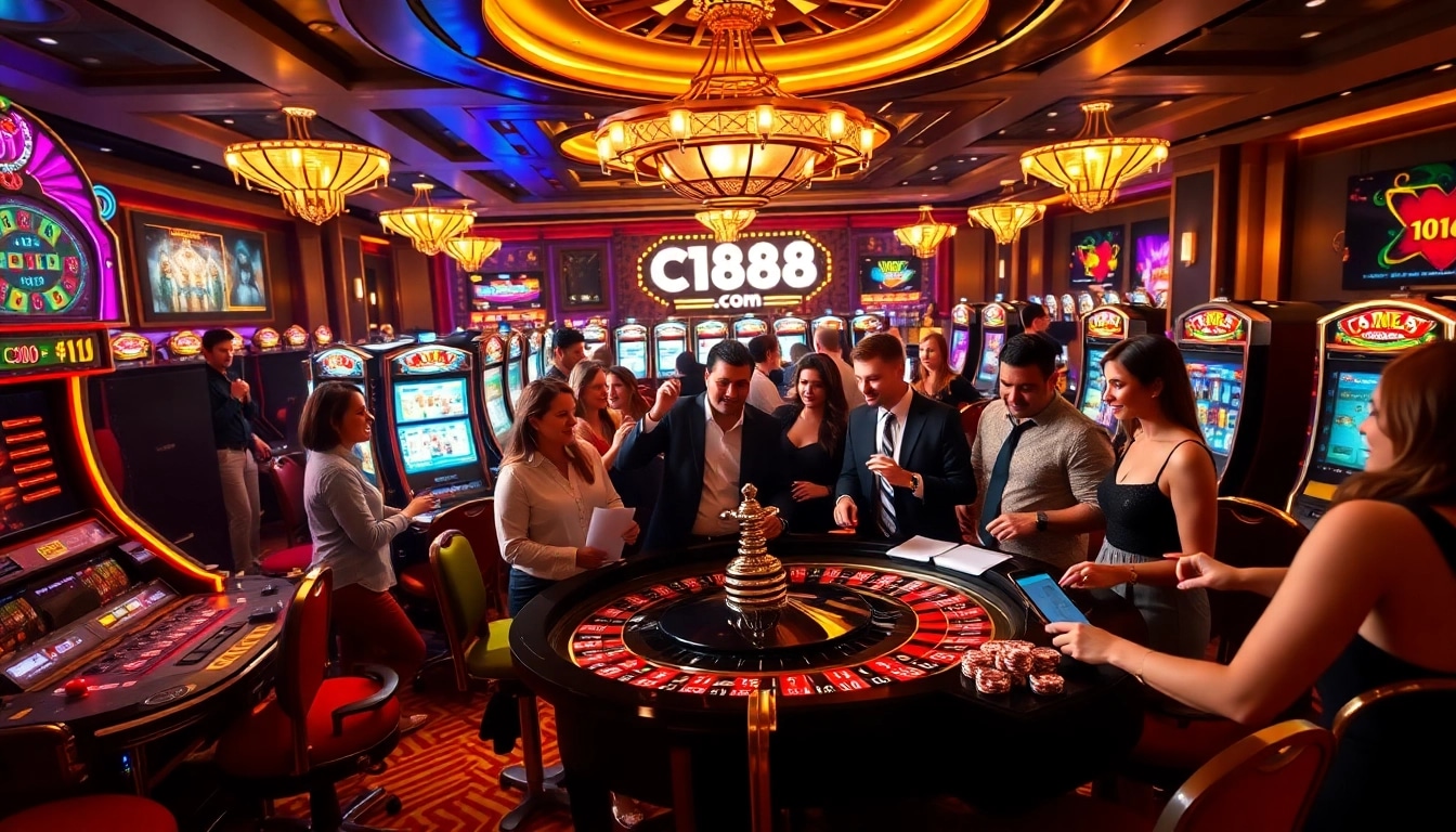 Exciting casino scene showcasing c168 com branding with players engaging in thrilling games.